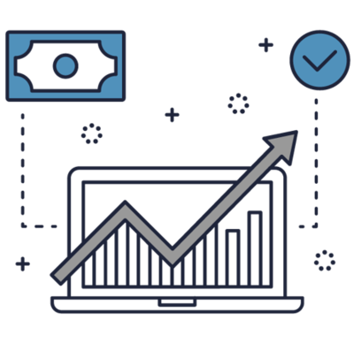 Grafik eines Laptops mit tendenziell steigendem Chart und einem damit verbundenden Geldnoten-Symbol links und einem Check-Symbol rechts