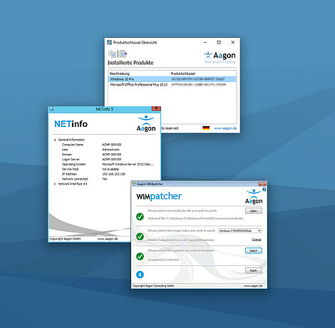 Drei Screenshots unterschiedlicher Freeware vor blauem Hintergrund