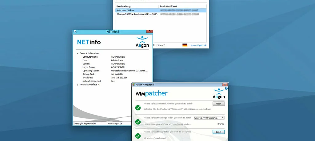 Drei Screenshots unterschiedlicher Freeware vor blauem Hintergrund