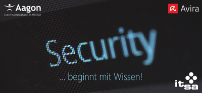 Grafik zum Motto „Security … beginnt mit Wissen!“ mit Aagon-Logo, Avira-Logo und it-sa-Logo