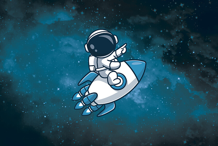 Aagon Community Astronaut auf Rakete im Weltall